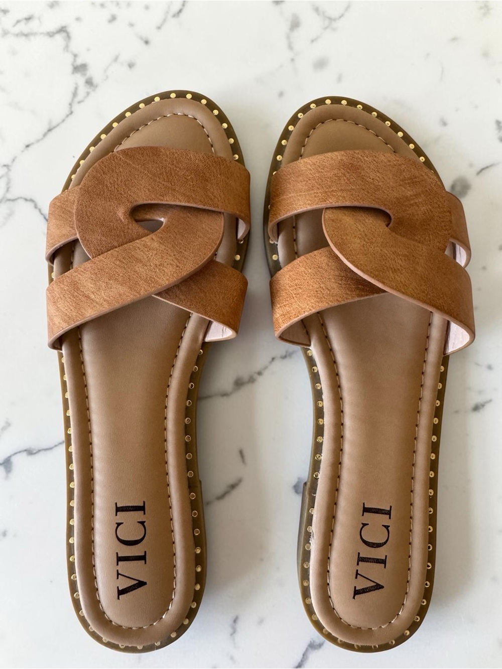 Vici Brown Braided-Style Slide Sandals